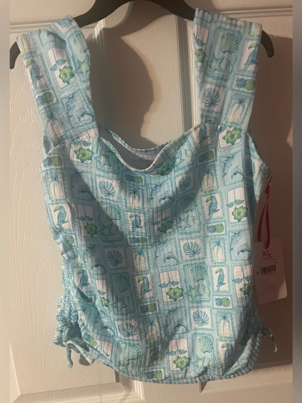 NWT Justice Girls XL 16/18 Teal Tropical Cinch Side Square Neck Top